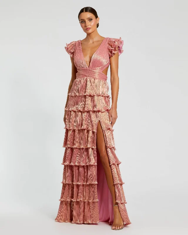 Pink Ruffle Tiered Criss Cross Lace Up Gown