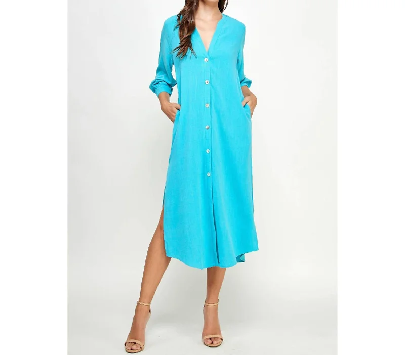 V-Neck Button Down Linen Dress In Blue