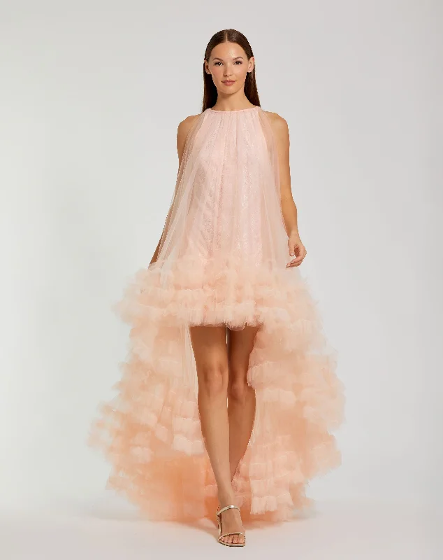 Pink Tulle High Neck Sleeveless Ruffled Hem Hi-Low Gown