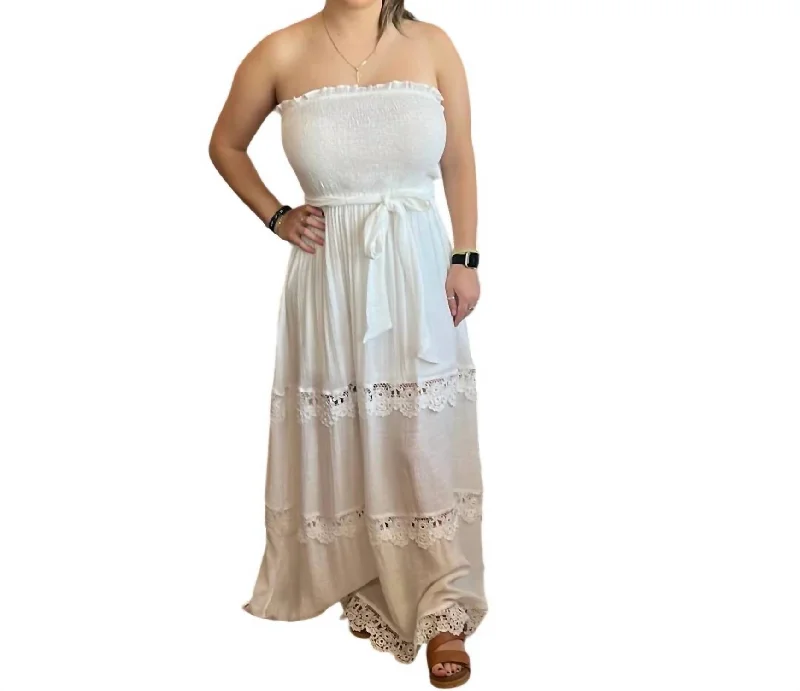 Strapless Lace Maxi Dress In White