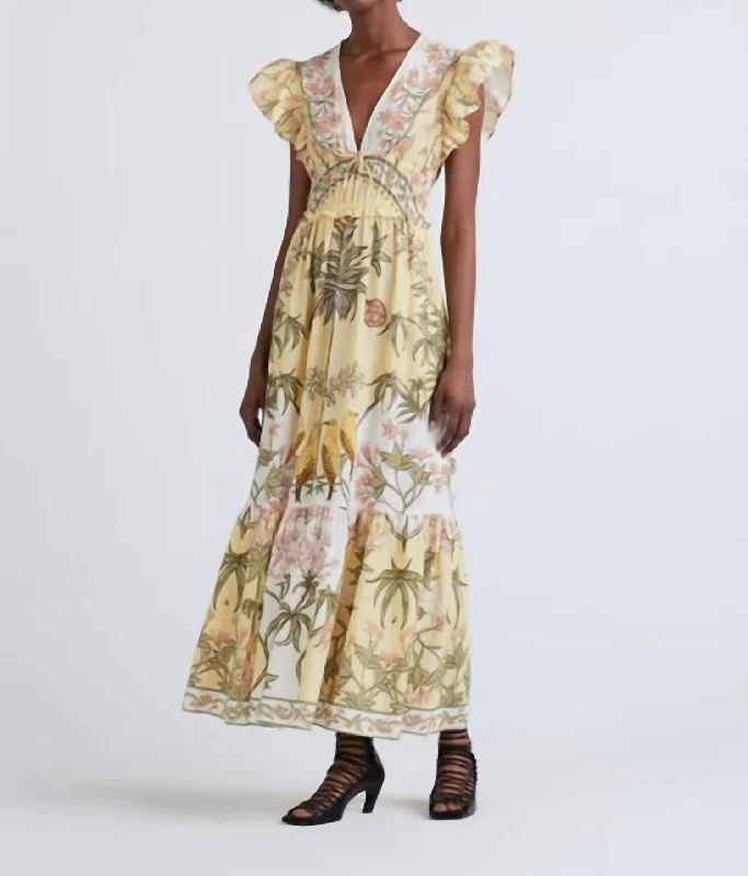 Isadora V Neck Ruffle Dress In Pale Yellow Multi