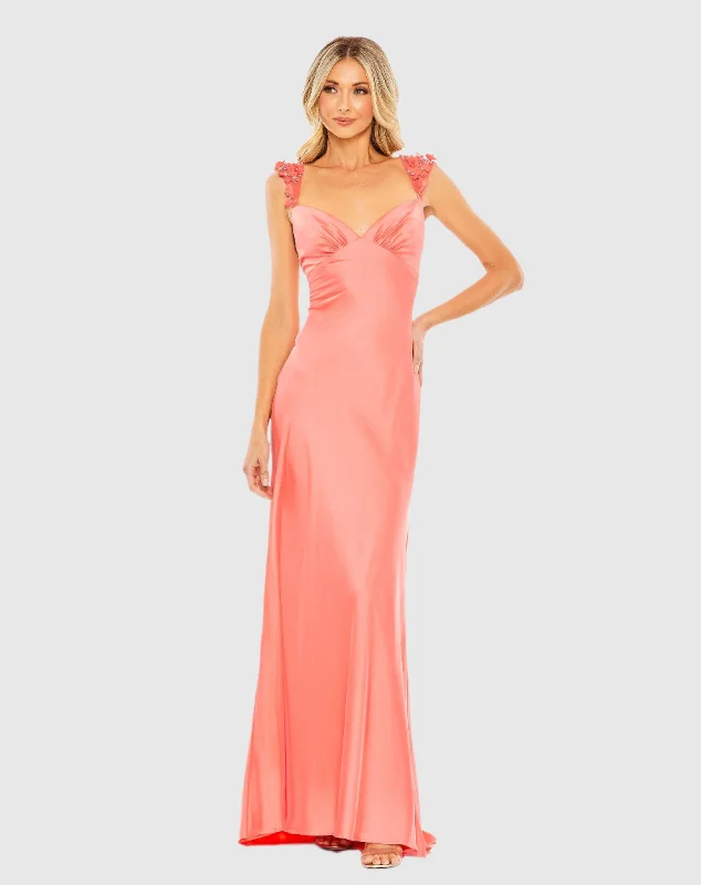 Coral Embellished Empire Waist Column Gown