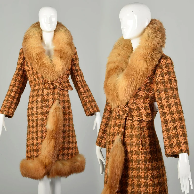 Large 1970s Coat Orange Brown Chunky Boucle Tweed Wool Real Fox Fur Winter