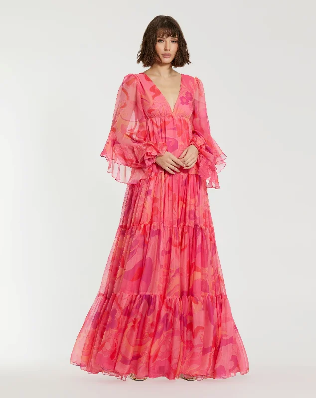 Hibiscus Printed Chiffon Ruffle Long Sleeve V Neck Maxi Dress