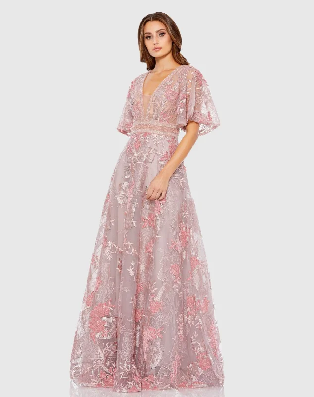 Pink Embroidered Flounce Sleeve A Line Gown