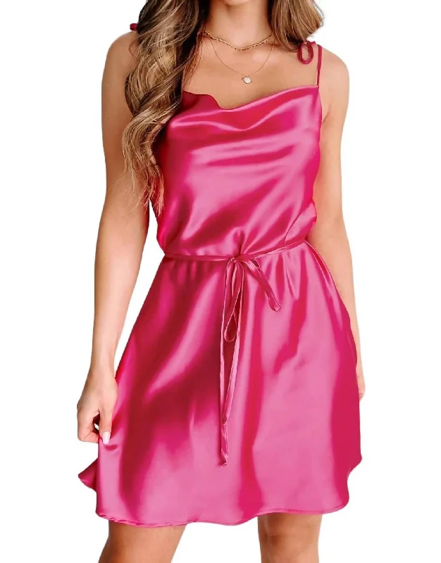 Satin Cowl Neck Mini Dress In Hot Pink