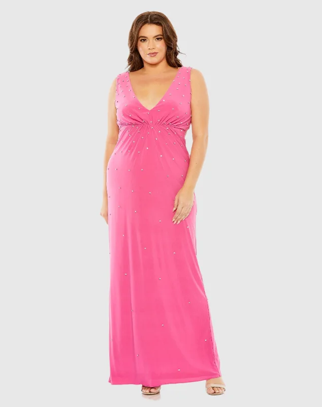 Rhinestone Embellished Open Back Jersey Gown (Plus)