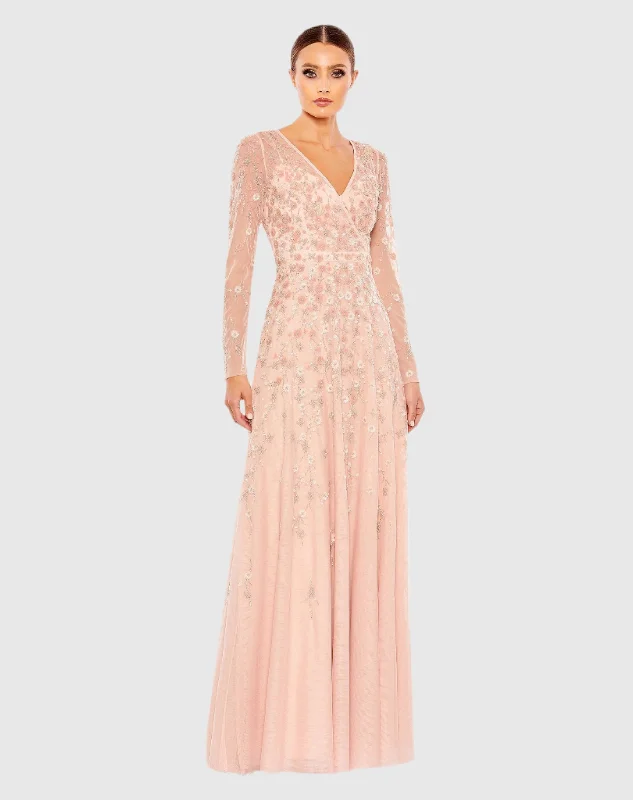 Pink Embellished Wrap Over Illusion Long Sleeve A Line Gown