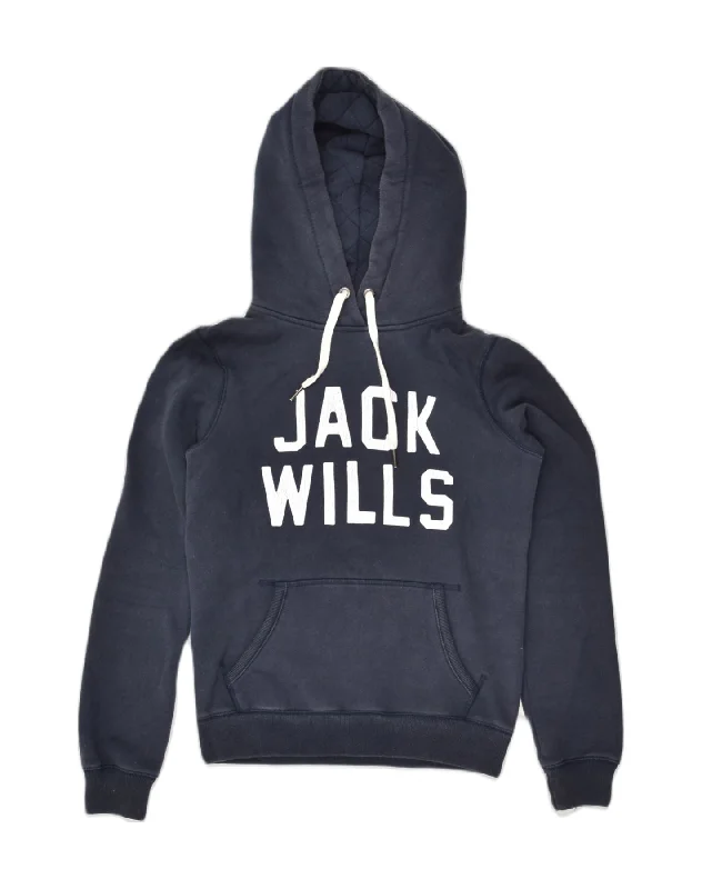 JACK WILLS Womens Graphic Hoodie Jumper UK 8 Small Navy Blue Cotton