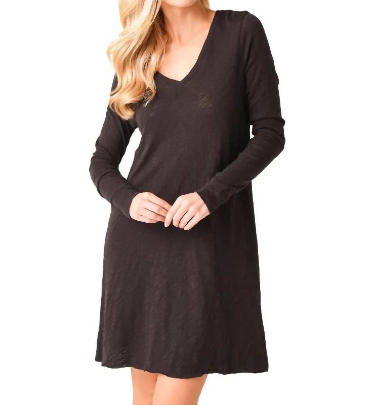 Long Sleeve V Slub Dress In Black