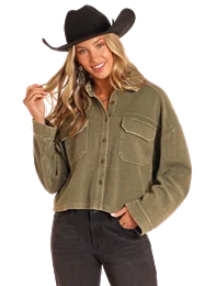 LADIES RELAXED CORDUROY CROPPED BUTTON DOWN- OLIVE