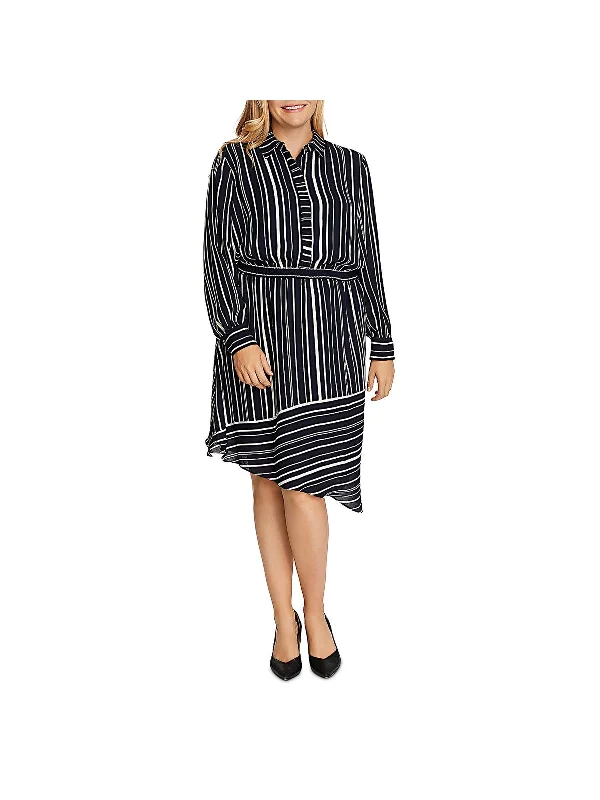 Plus Womens Striped Asymmetric Hem Shirtdress