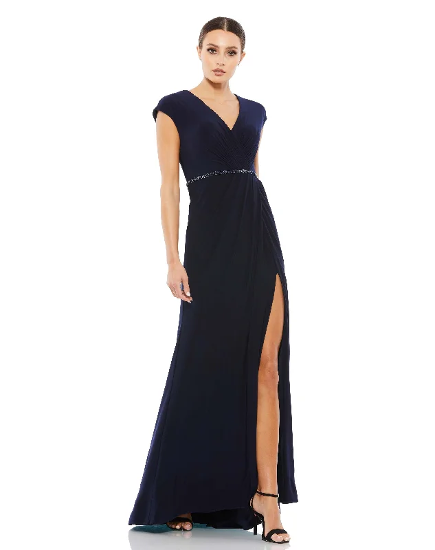 Faux Wrap V-Neck Cap Sleeve Gown