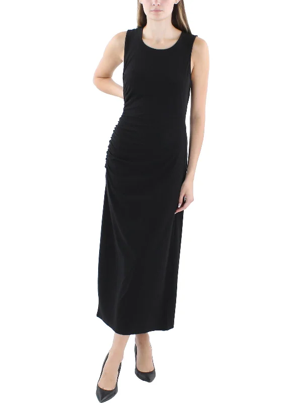 Womens Ruched Tea Length Halter Dress