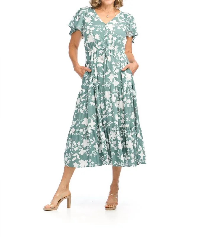 Olivia Floral Flutter Sleeve Midi Dress In Green Multi