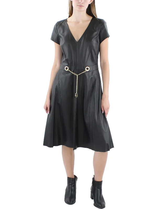 Womens Lambskin Leather Chain Shift Dress