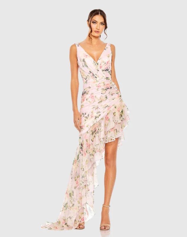 Light Pink Floral Print Asymmetrical Ruffle Hem Dress