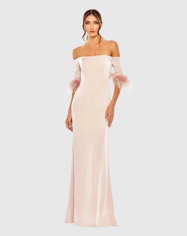 Feather Trim Off The Shoulder Column Gown