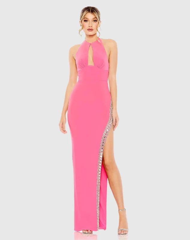 Pink Jersey Halter Neck Beaded Slit Detail Gown