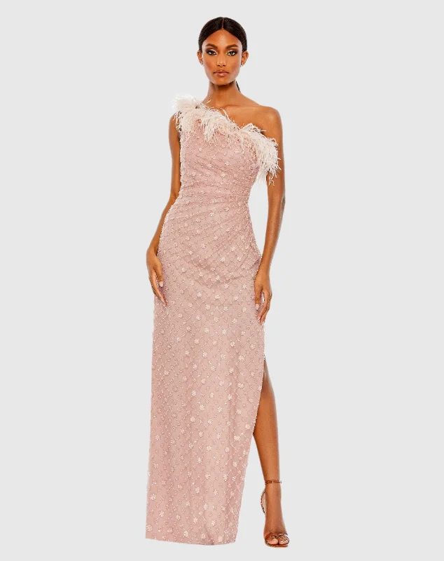 Pink Embellished One Shoulder Gown w/ Ostrich Feathers