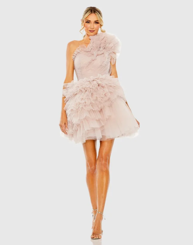 Pink Tulle Ruffle One Shoulder Mini Dress