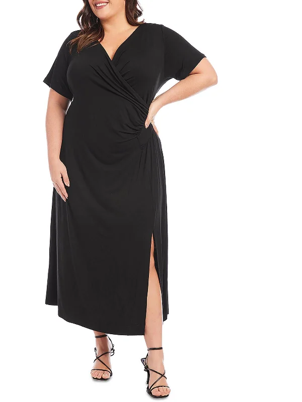 Plus Womens Faux Wrap Jersey Midi Dress