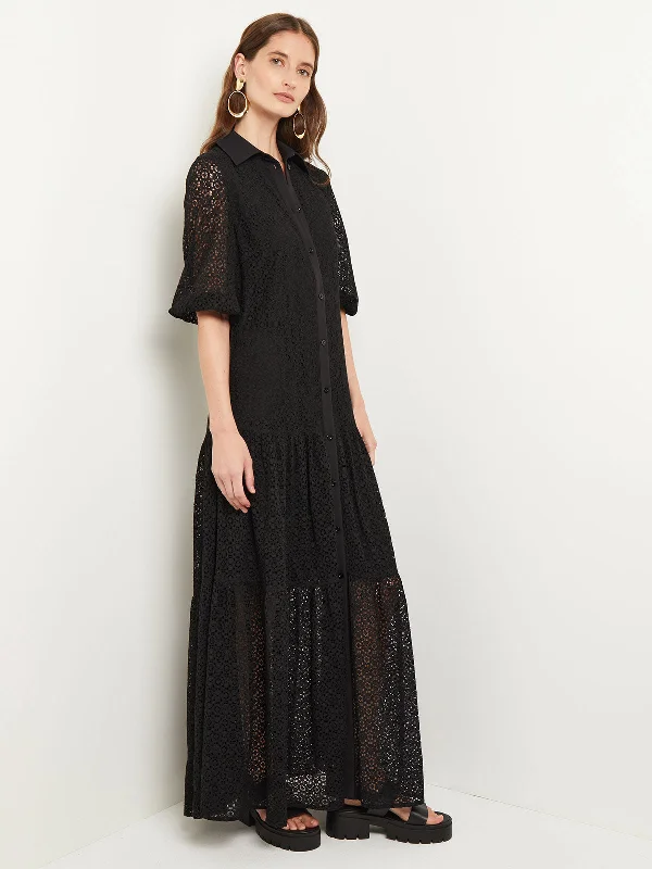 Maxi Drop Waist Dress - Button-Front Lined Lace