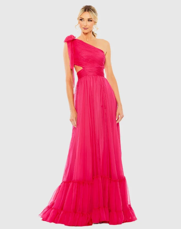 Pink Tiered One Shoulder Ruched Gown