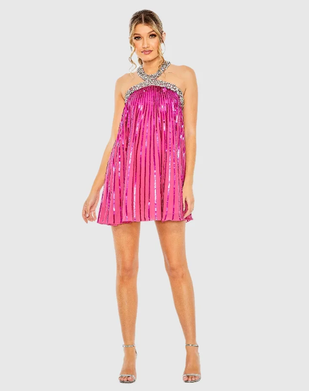 Pink High Neck Open Back Embellished Trapeze Dress