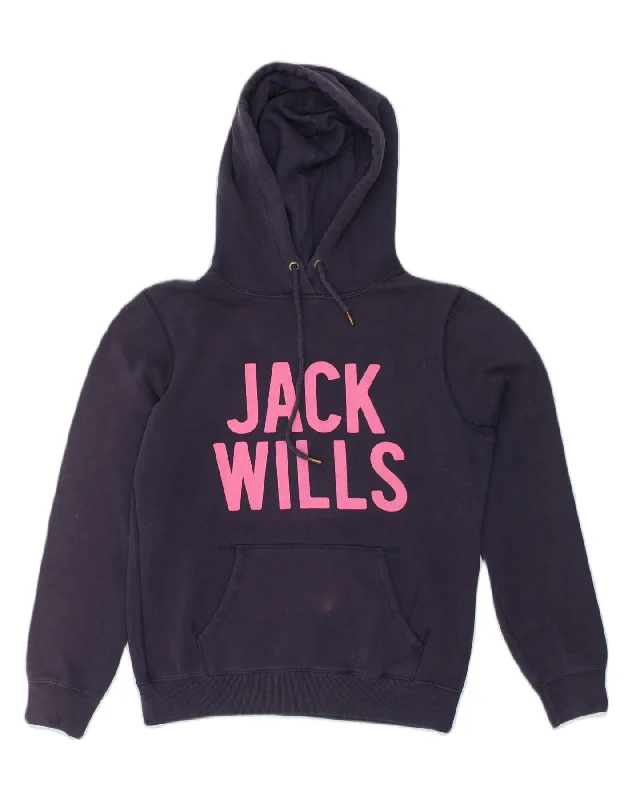 JACK WILLS Womens Graphic Hoodie Jumper UK 12 Medium Navy Blue Cotton