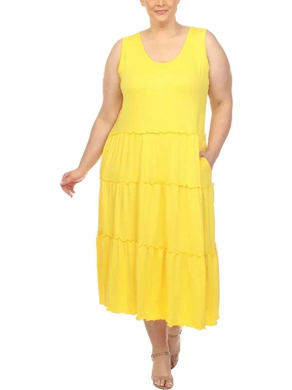 Plus Womens Tiered Polyester Midi Dress