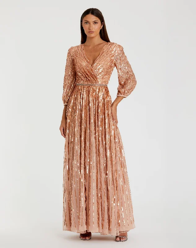 Sequined Wrap Over 3/4 Sleeve Gown