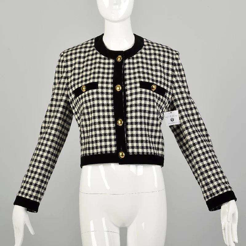 Large 1990s Escada Blazer Wool Black White Houndstooth Long Sleeve Cashmere Jacket