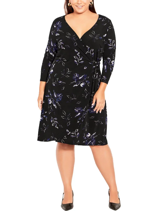 Plus Womens Knee Length Floral Wrap Dress