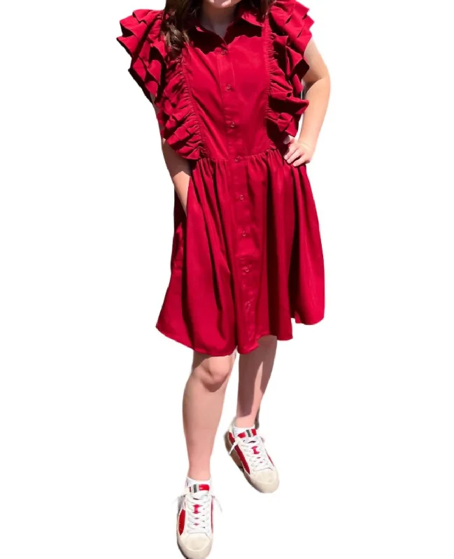 Ruffled Sleeves Dress In Ruby