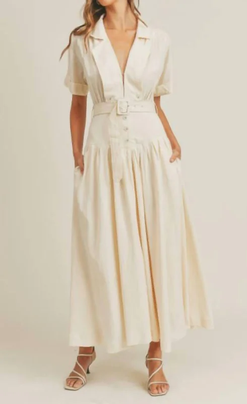 Belted Linen Dress In Cream