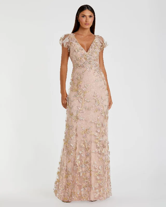 Pink Embroidered Applique Wrap Over Flutter Sleeve Gown