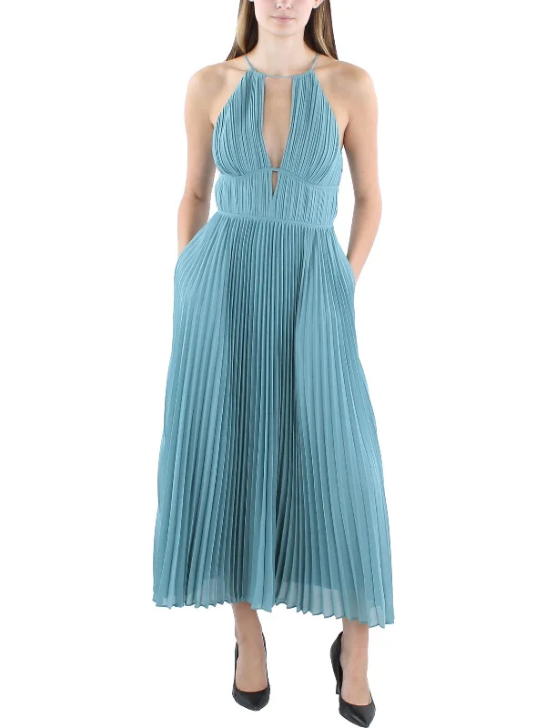 Carli Womens Shutter Pleat Long Halter Dress