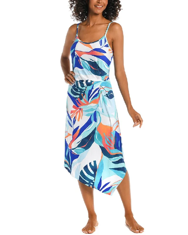 La Blanca Coastal Palms Asymmetrical Draped Midi Dress