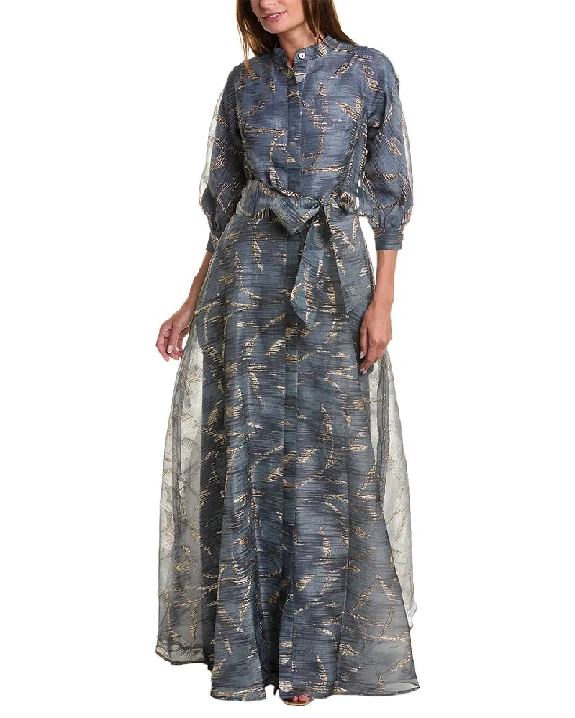 Teri Jon by Rickie Freeman Metallic Jacquard Shirt Gown