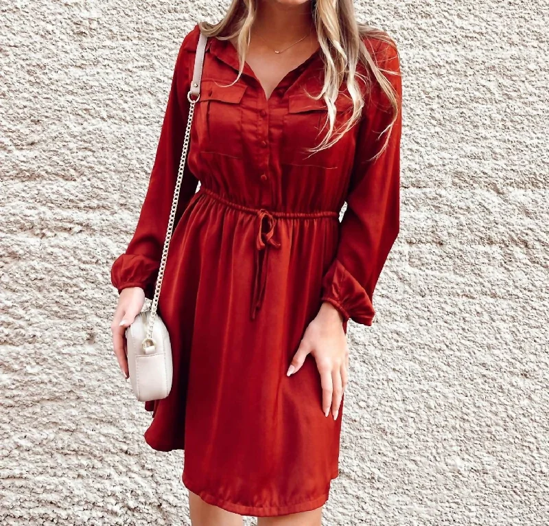 Satin Shirt Dress In Dark Rust