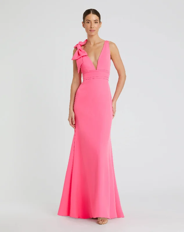 Pink Sleeveless V Neck Bow Detail Mermaid Gown