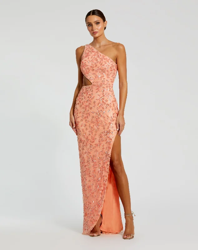 Pink One Shoulder Embellished Gown With Slit