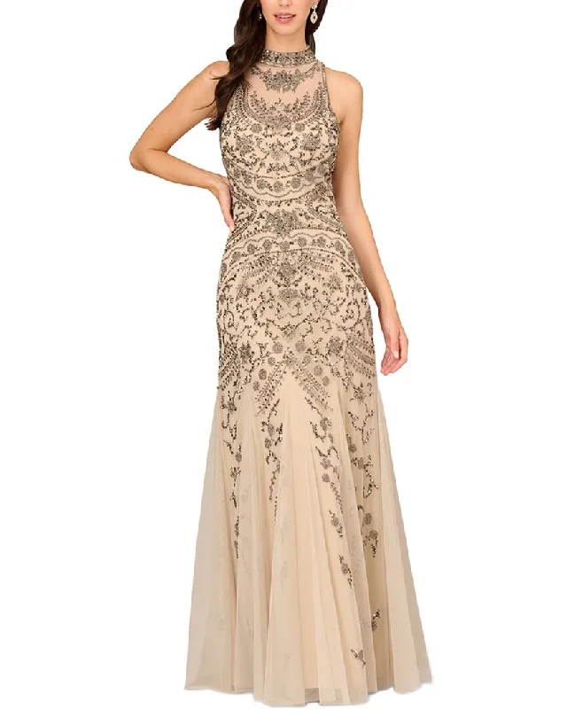 Aidan Mattox Mock Neck Embroidered Sleeveless Gown