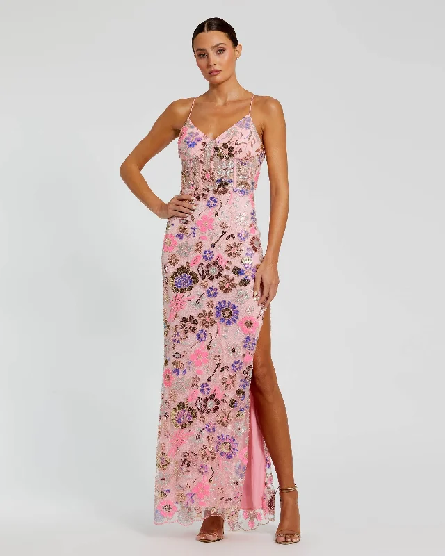 Pink Spaghetti Strap Bustier Applique Gown with Slit