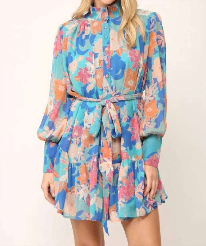 Floral Print Chiffon Ruffle Dress In Blue Multi