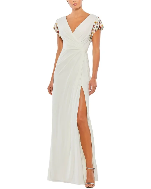 Mac Duggal Beaded Cap Sleeve Faux Wrap Jersey Gown