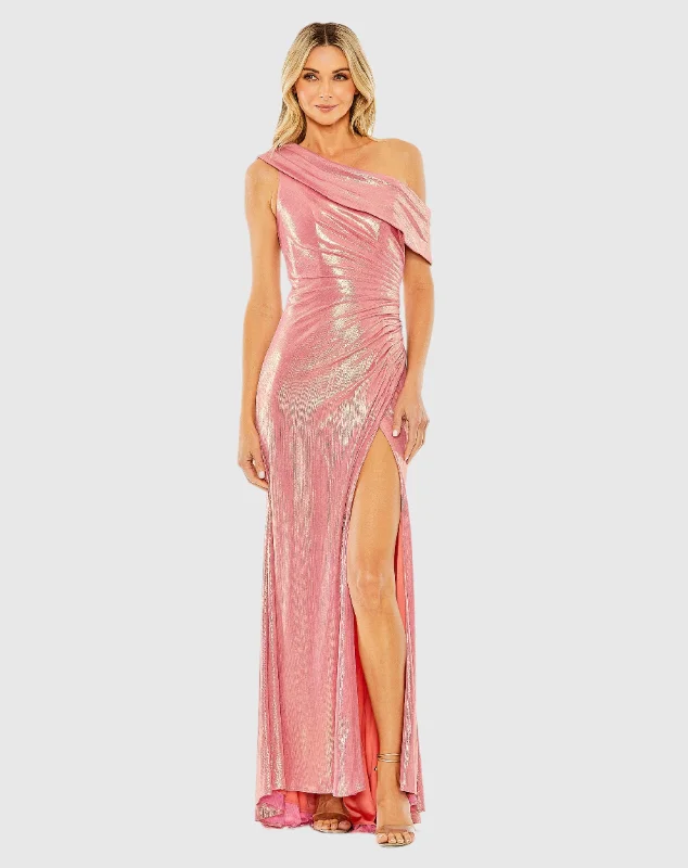 Pink Off The Shoulder Ruched Waist Slit Metallic Gown