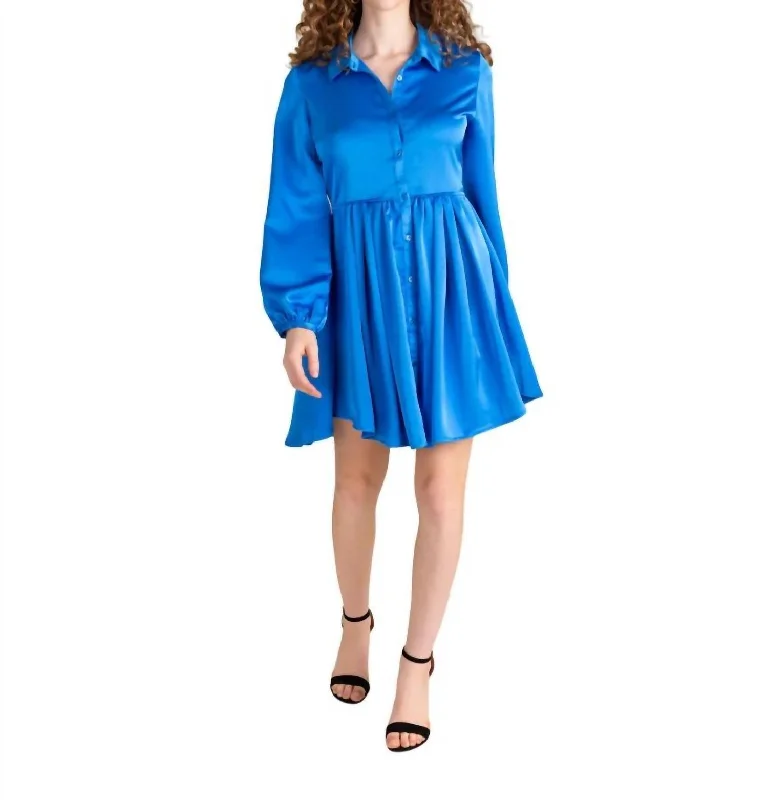 Long Sleeve Button Dress In Cobalt