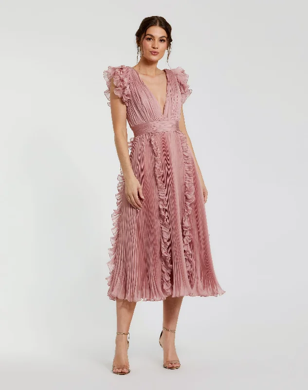 Pink Pleated Chiffon V Neck Ruffle Midi Dress